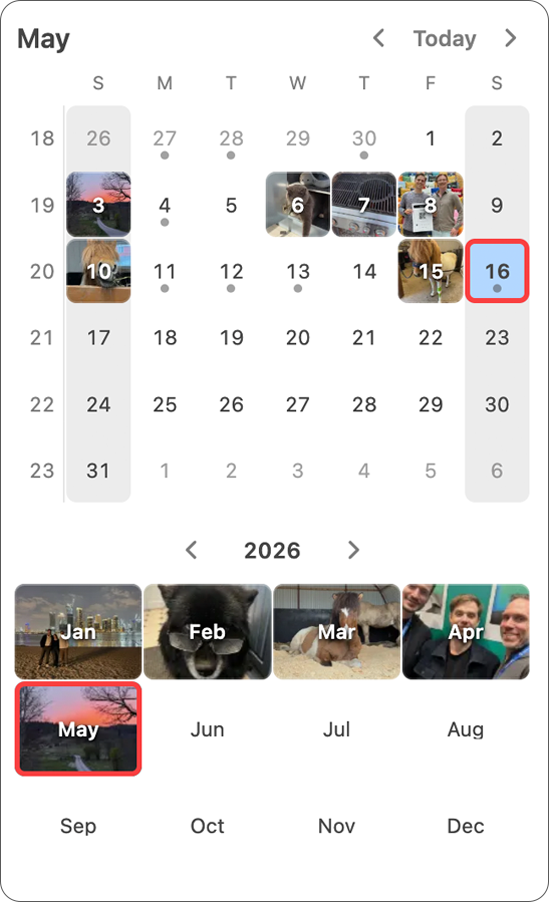 Obsidian photo calendar with feature images for daily notes, like Apple Calendar and Day One