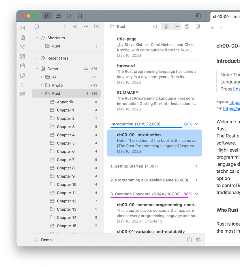 Obsidian writing workspace with chapters and word-count progress, like Ulysses and Scrivener