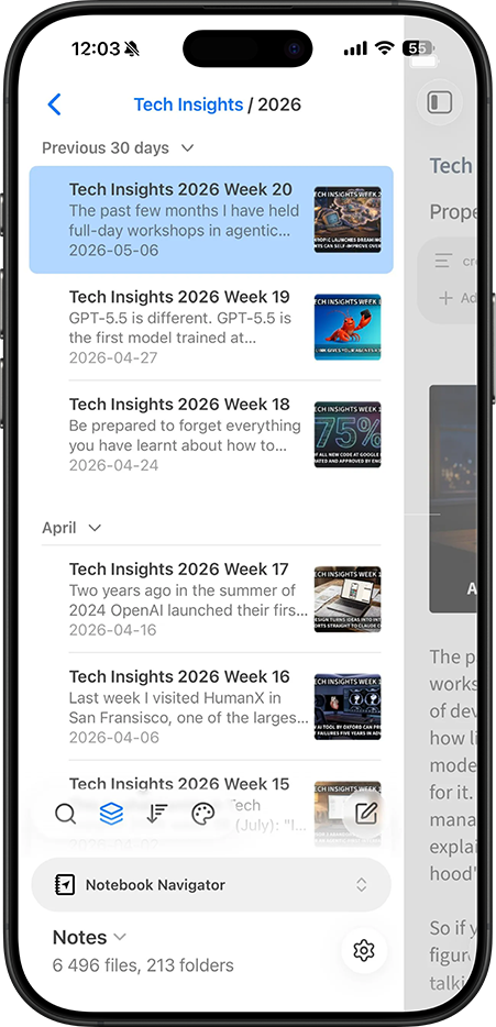 Notebook Navigator file browser running on mobile, iOS and Android