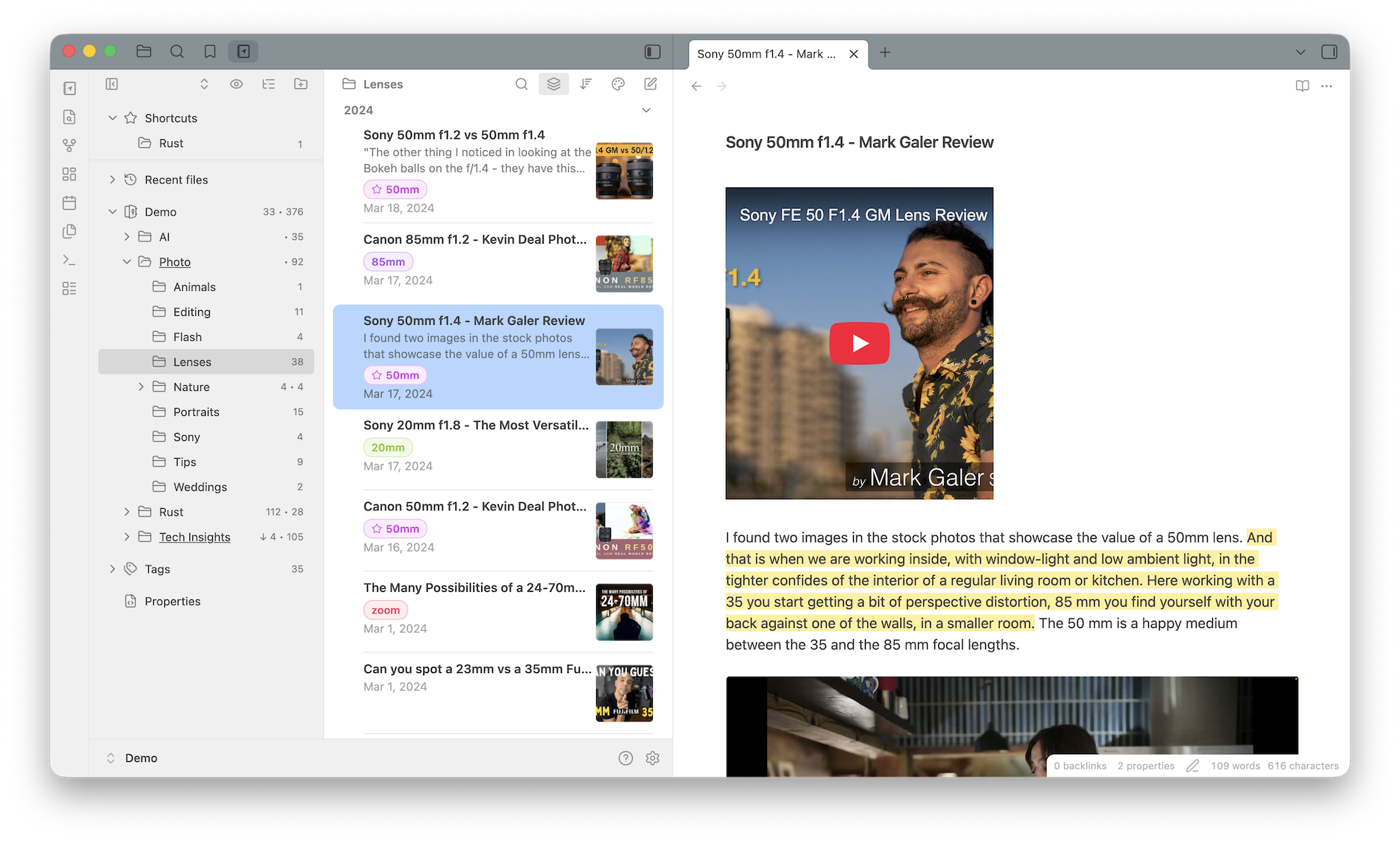Notebook Navigator in Obsidian with an Apple Notes style layout: folder sidebar on the left and a note list with previews on the right