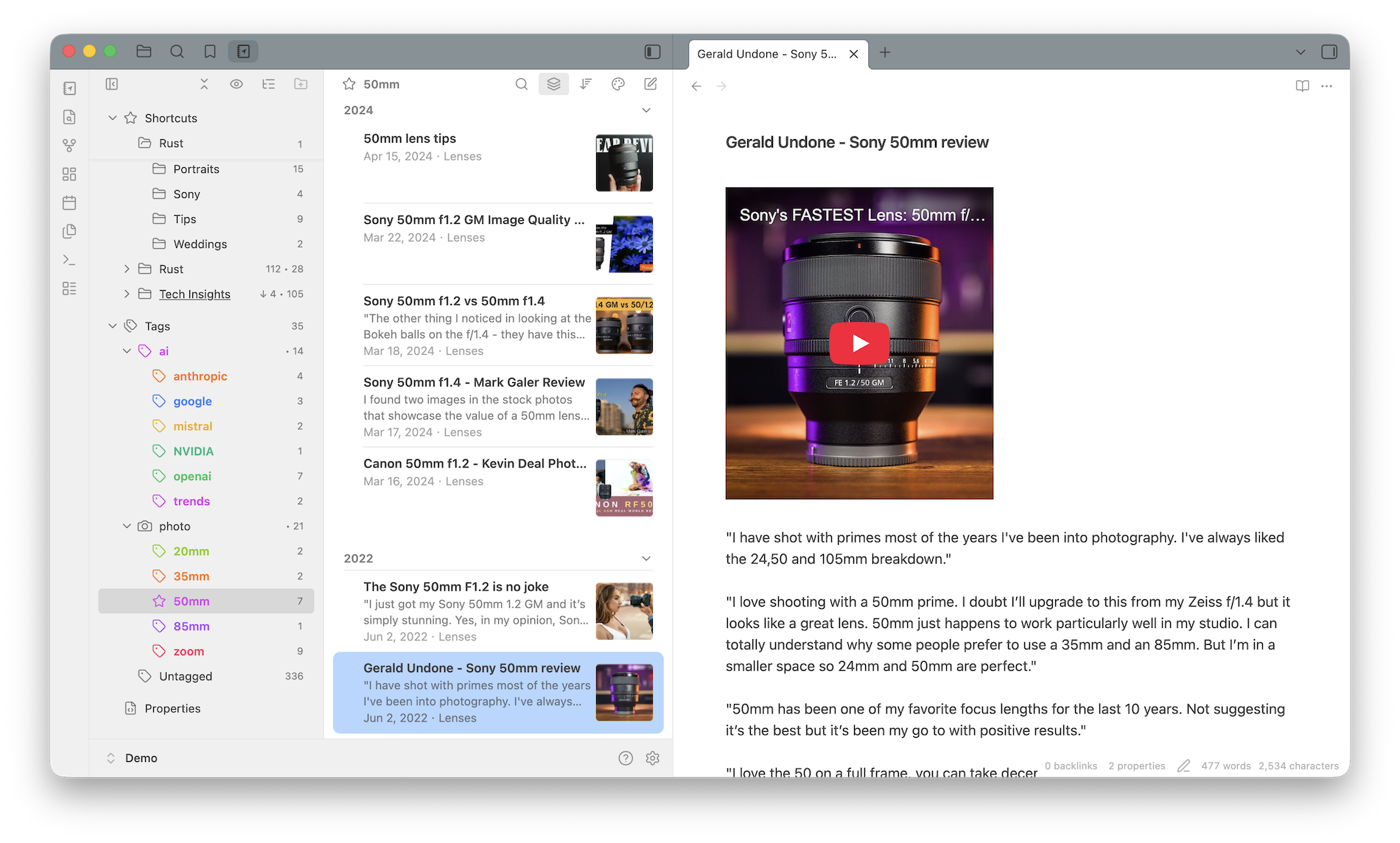 Hierarchical tag browser in Notebook Navigator for Obsidian showing notes for a selected tag, with colors and custom icons